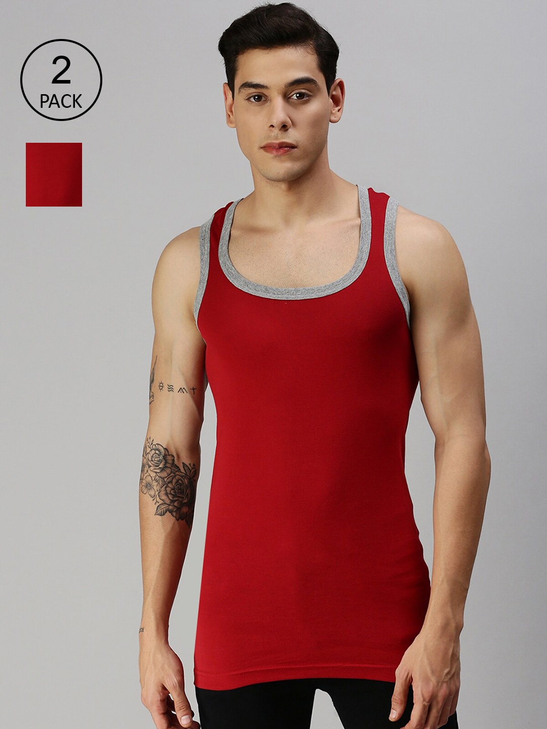 

ONN Men Pack of 2 Maroon Solid Cotton Gym Vests