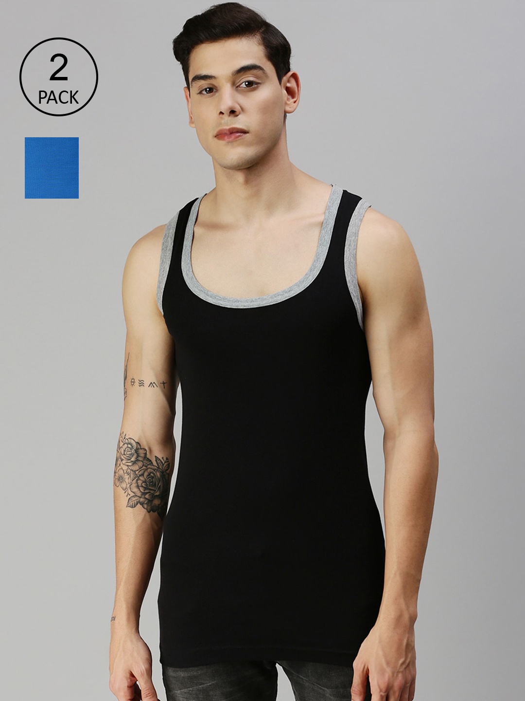 

ONN Men Pack of 2 Black & Blue Solid Cotton Gym Vests