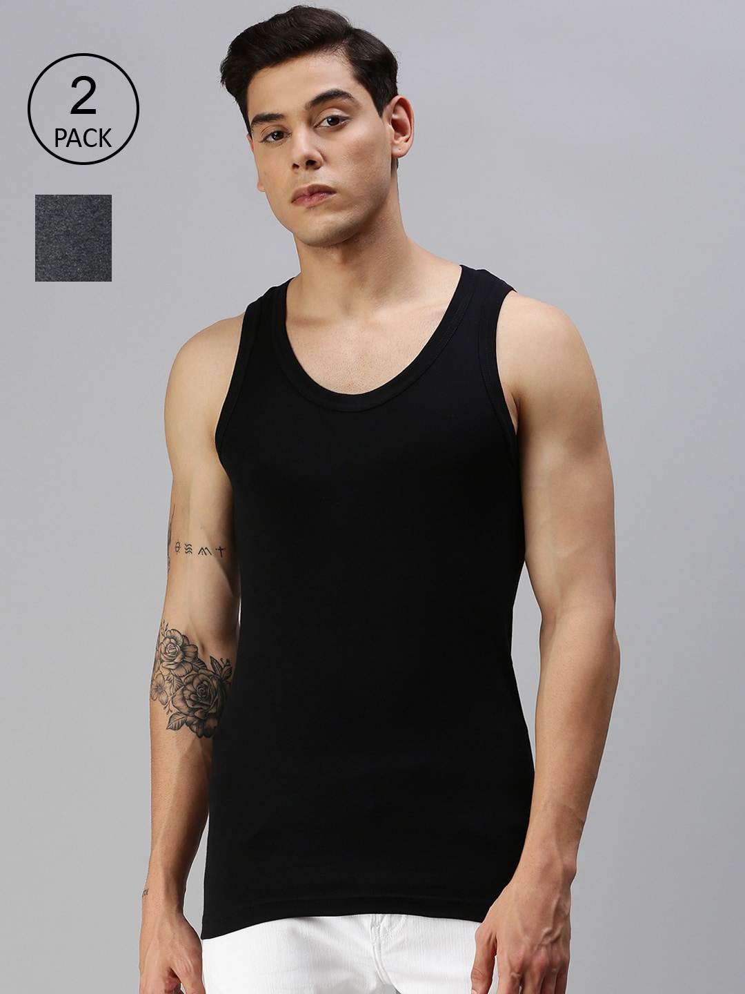 

ONN Men Pack Of 2 Solid Pure Cotton Innerwear Vests, Black