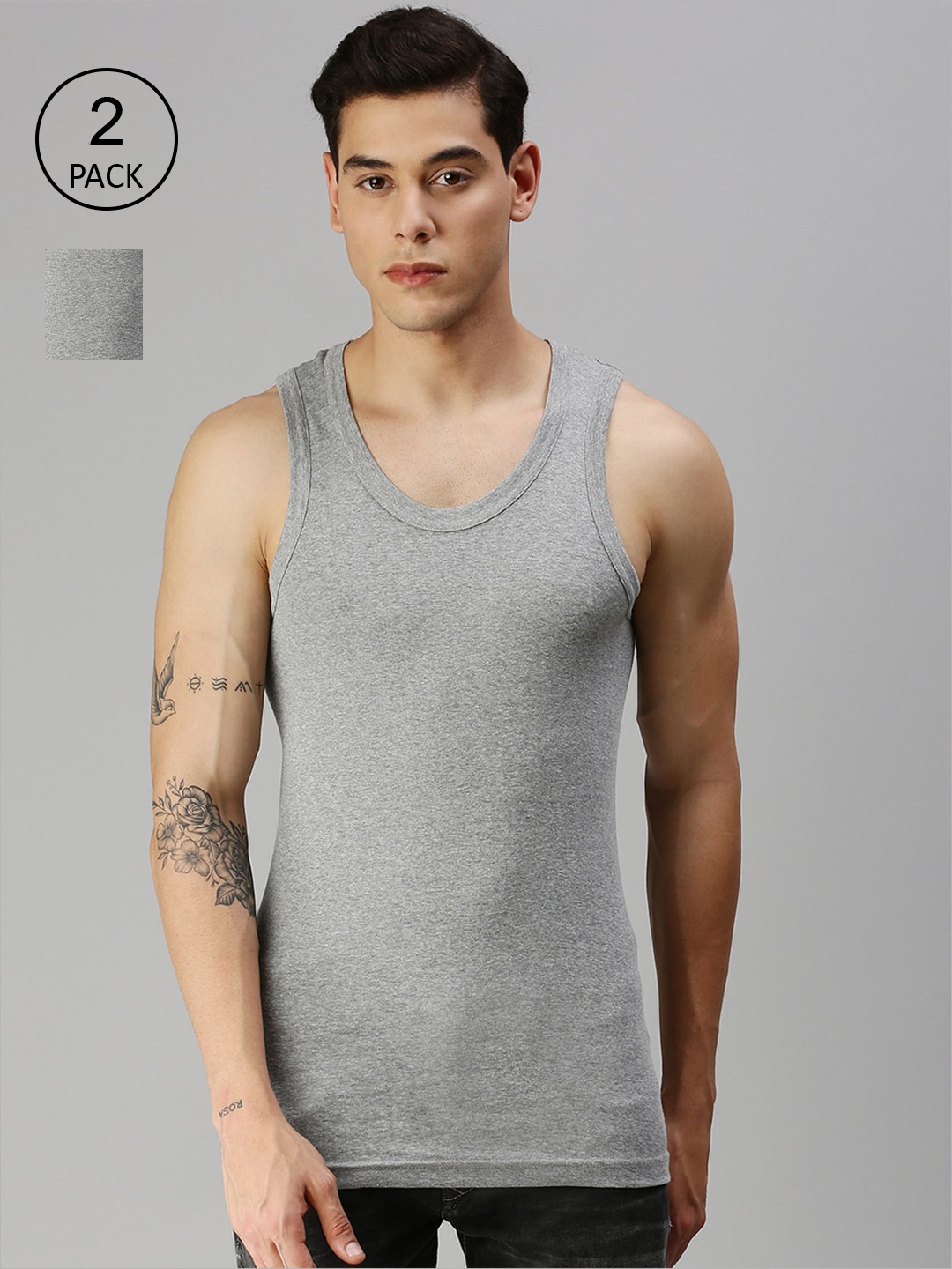 

ONN Men Pack Of 2 Solid Cotton Innerwear Vests, Grey