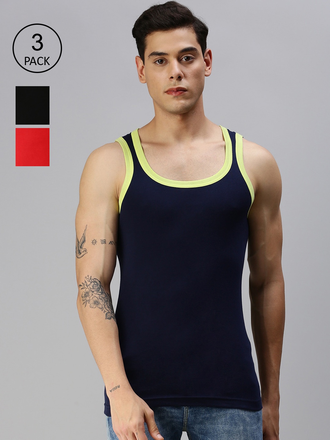 

ONN Pack Of 3 Solid Cotton Innerwear Vest, Black