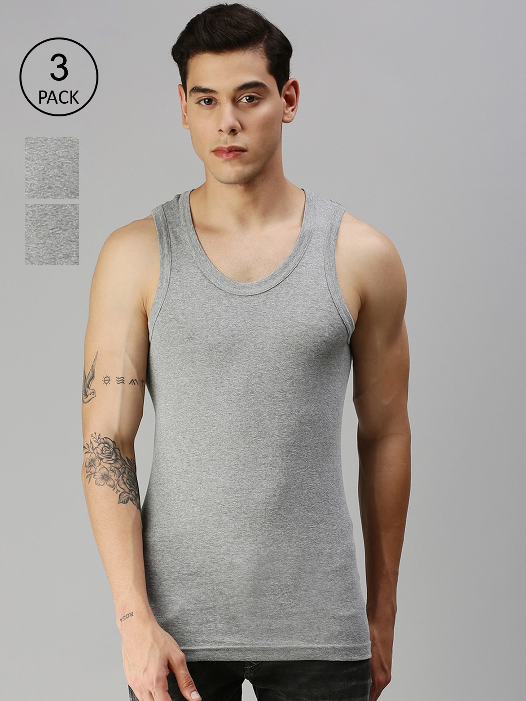 

ONN Men Pack Of 3 Grey Solid Pure Cotton Vests