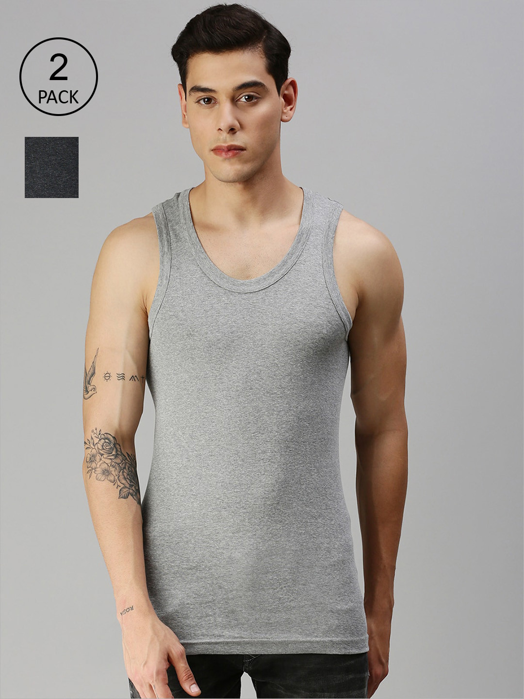 

ONN Men Pack of 2 Solid Cotton Innerwear Vests, Black