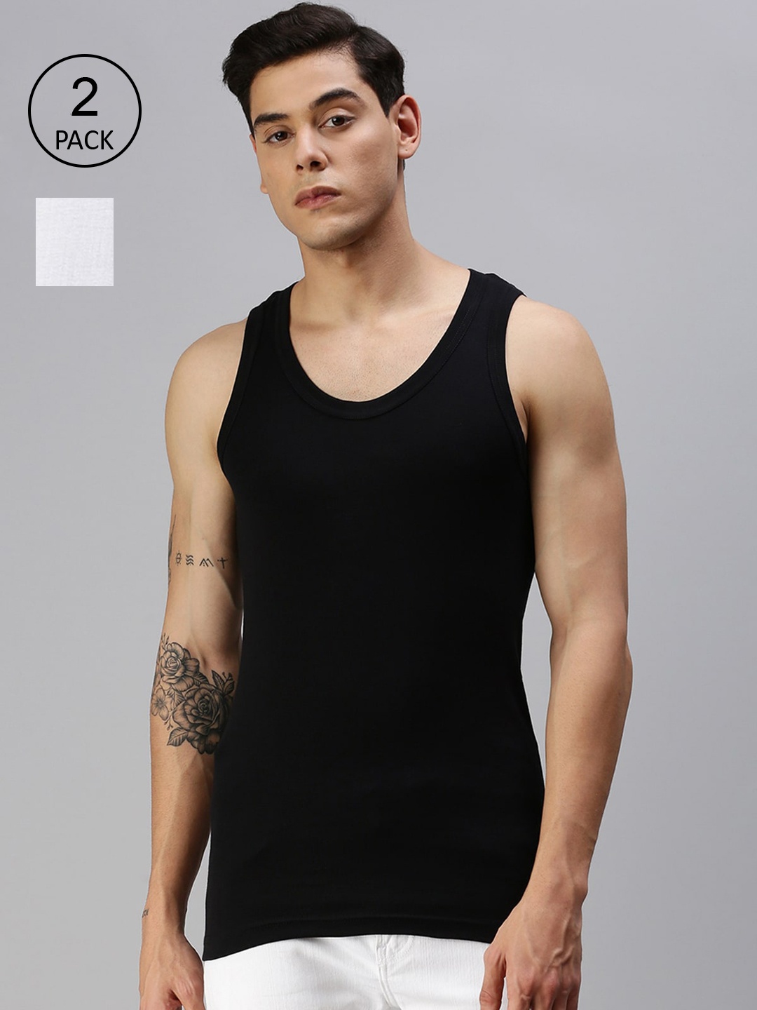 

ONN Men Pack Of 2 Solid Pure Cotton Gym Vests, Black