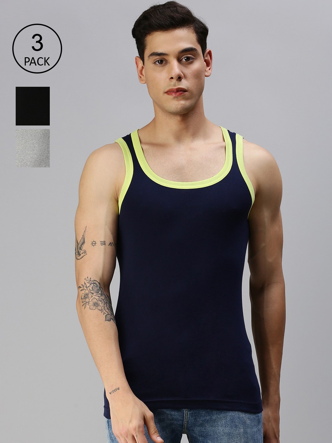 

ONN Pack Of 3 Cotton Innerwear Vest, Black