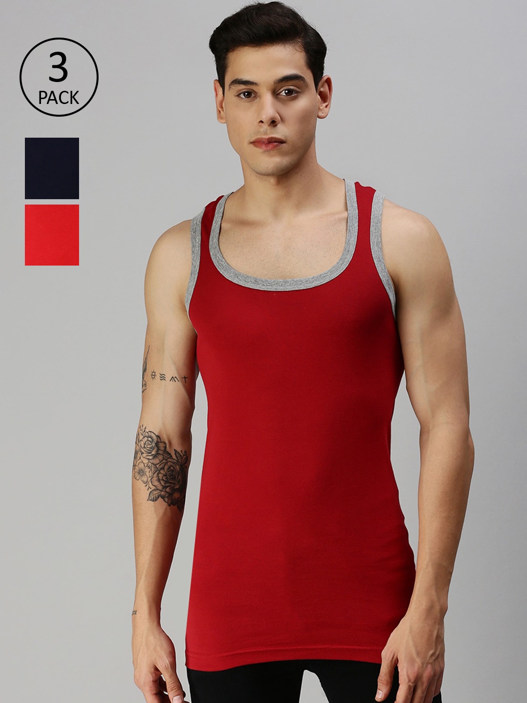 

ONN Men Pack of 3 Solid Innerwear Gym Vests, Maroon