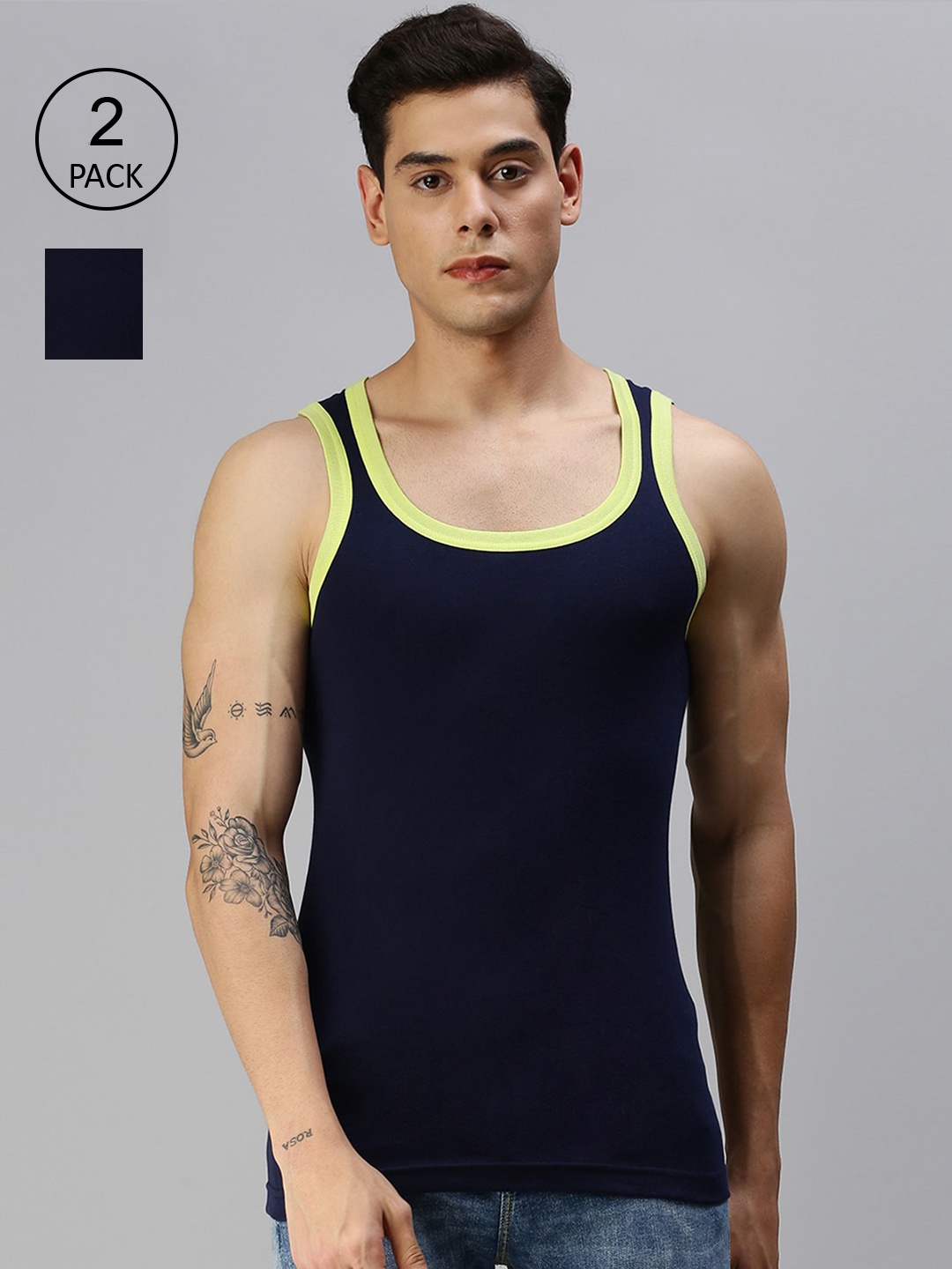 

ONN Men Solid Cotton Basic Innerwear Vests Pack of 2, Navy blue