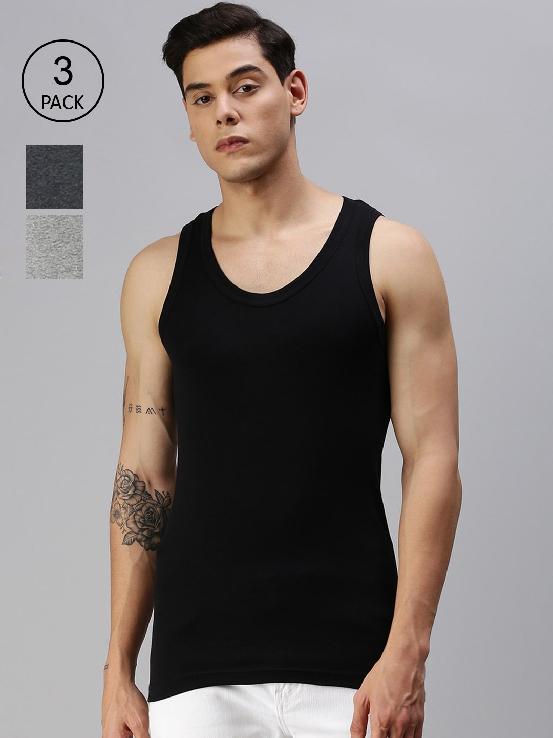 

ONN Men Set of 3 Solid Cotton Round Neck Innerwear Vests, Black