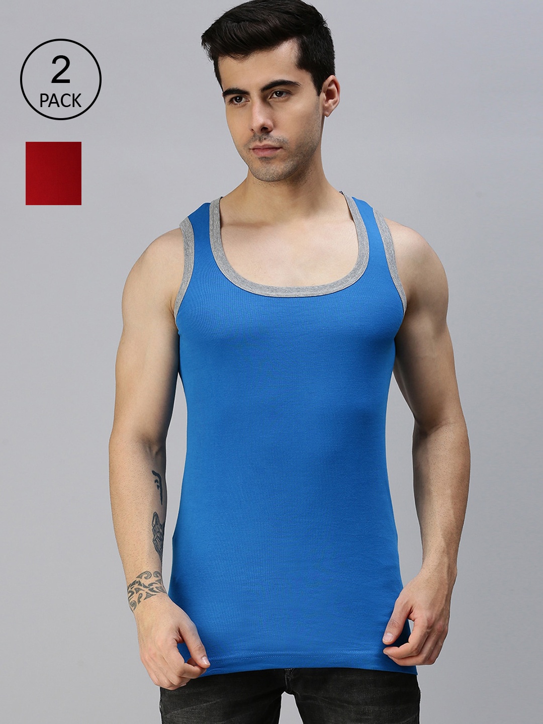 

ONN Men's Pack of 2 Blue & Maroon Solid Cotton Gym Vests