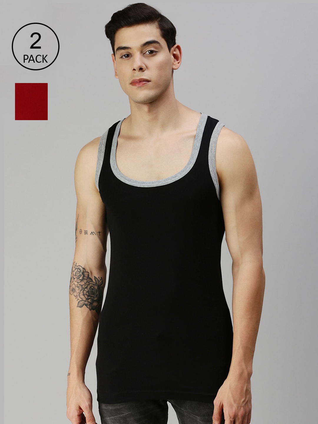 

ONN Men Pack of 2 Solid Innerwear Vest, Black