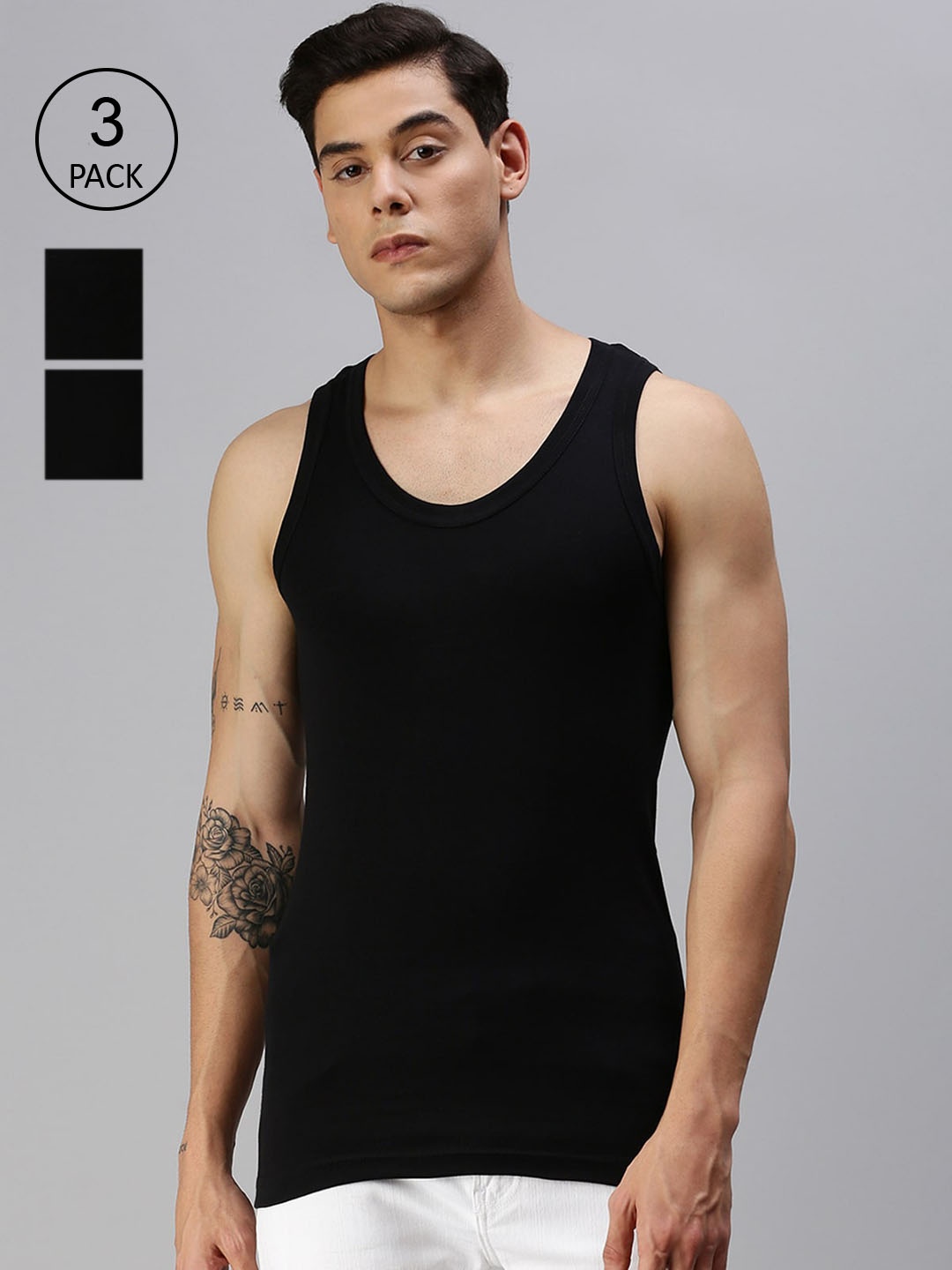 

ONN Men Pack Of 3 Black Solid Cotton Innerwear Undershirt Vests
