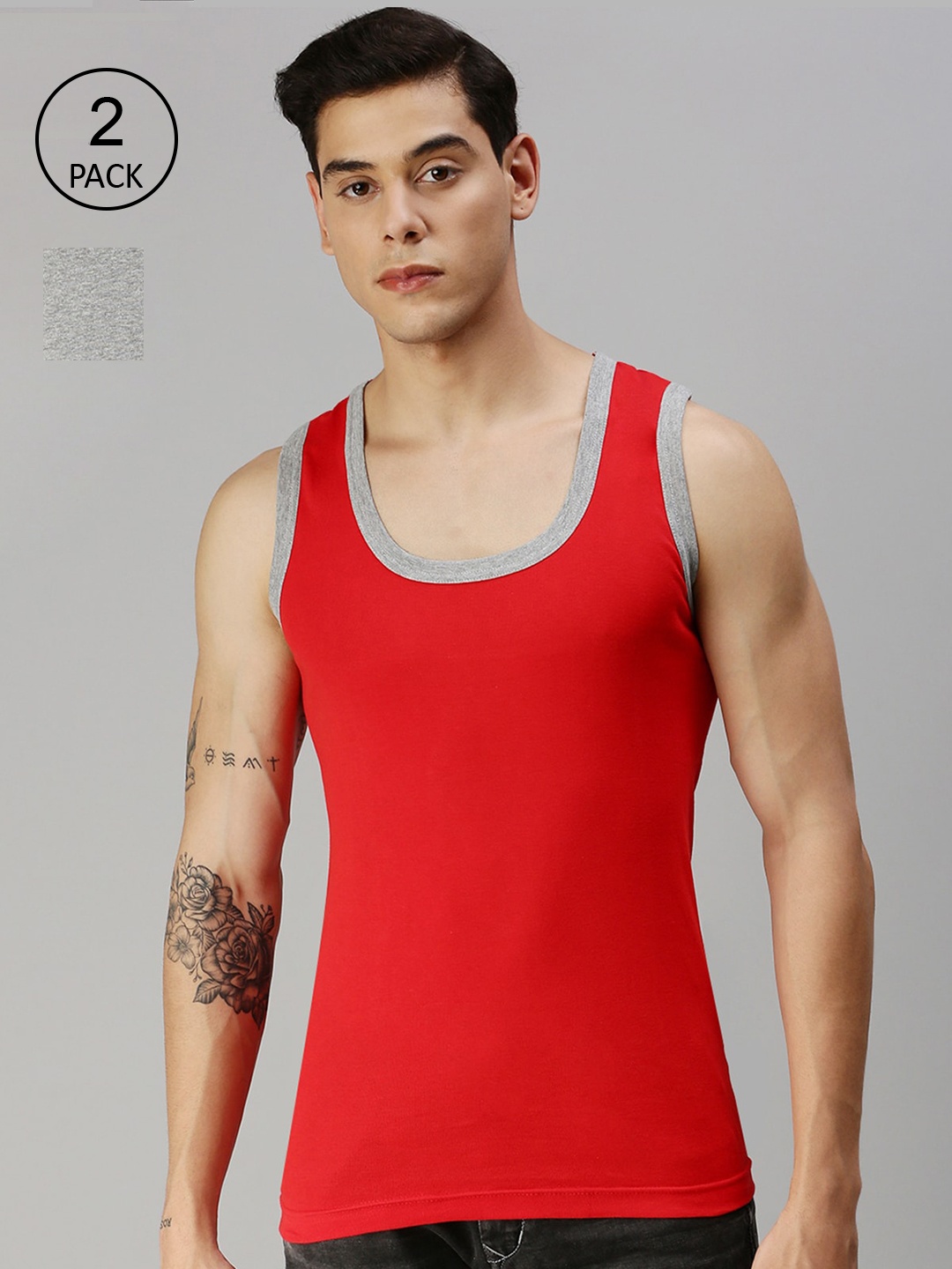 

ONN Pack of 2 Grey Melange & Red Cotton Innerwear Vests