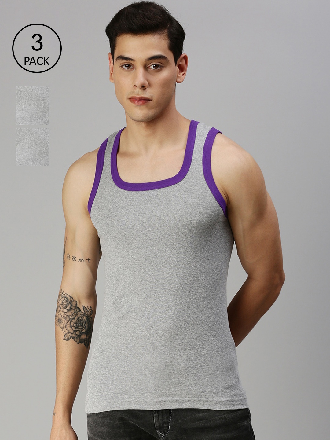 

ONN Men Grey Melange Pack of 3 Solid Cotton Gym Vests