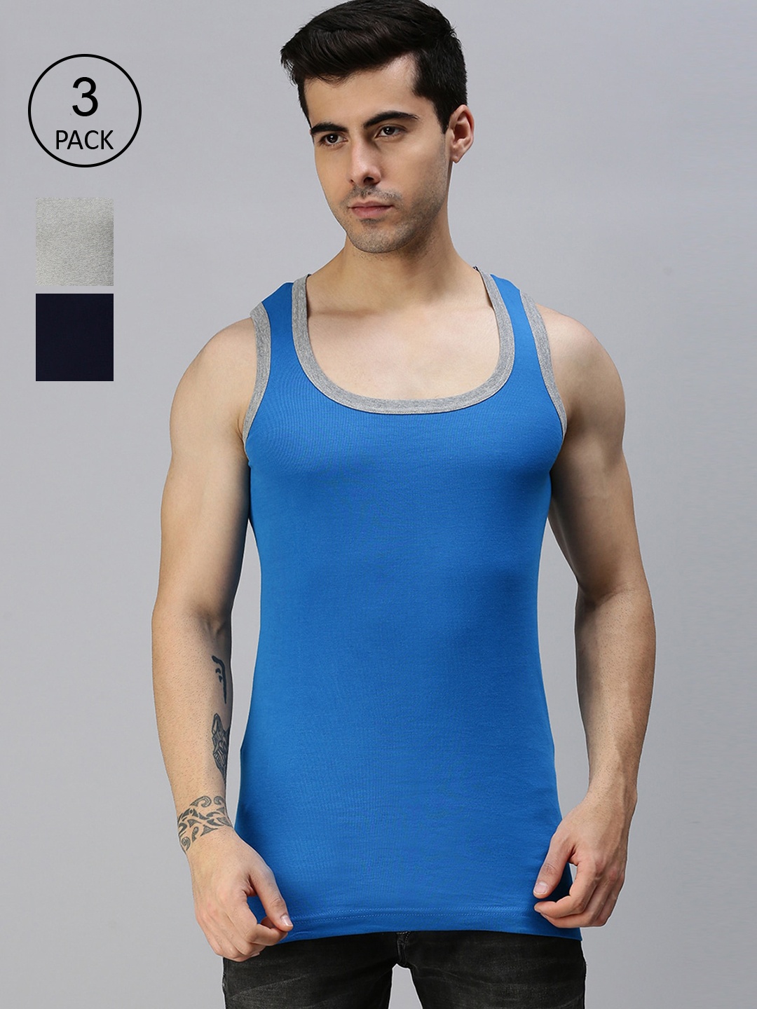 

ONN Men Pack of 3 Solid Innerwear Vest, Blue