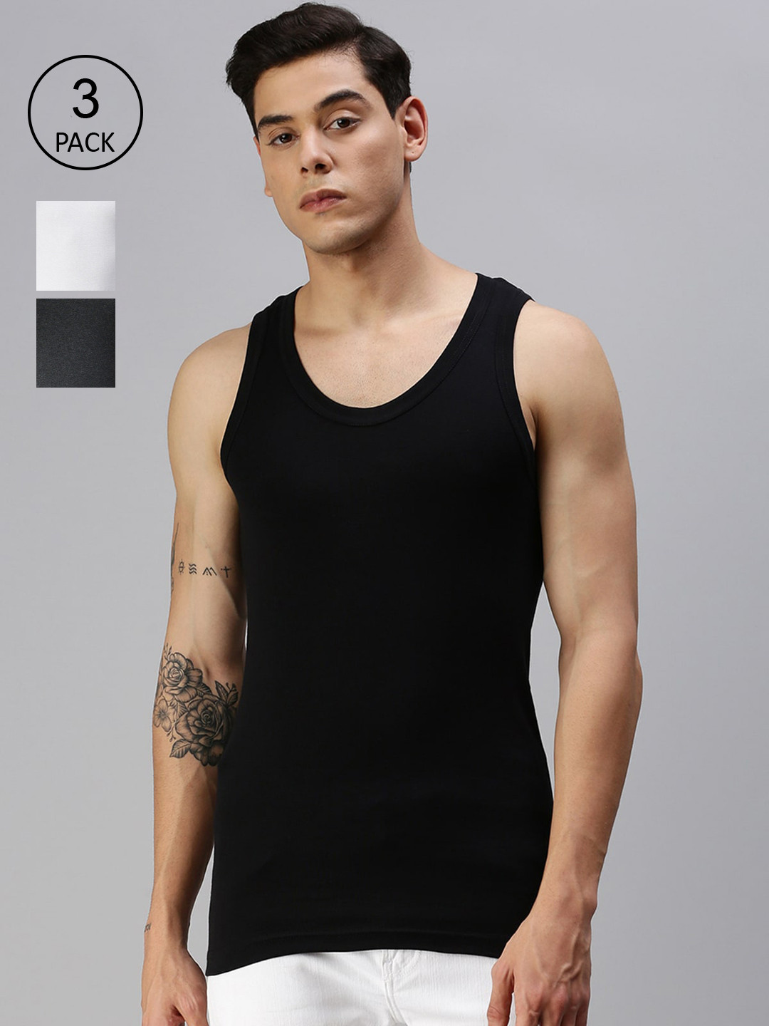 

ONN Pack of 3 White & Black Cotton Innerwear Vests