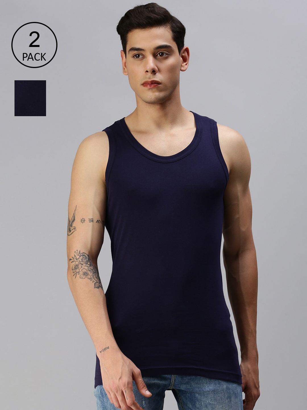 

ONN Men Navy Blue Pack of 2 Solid Cotton Innerwear Vests