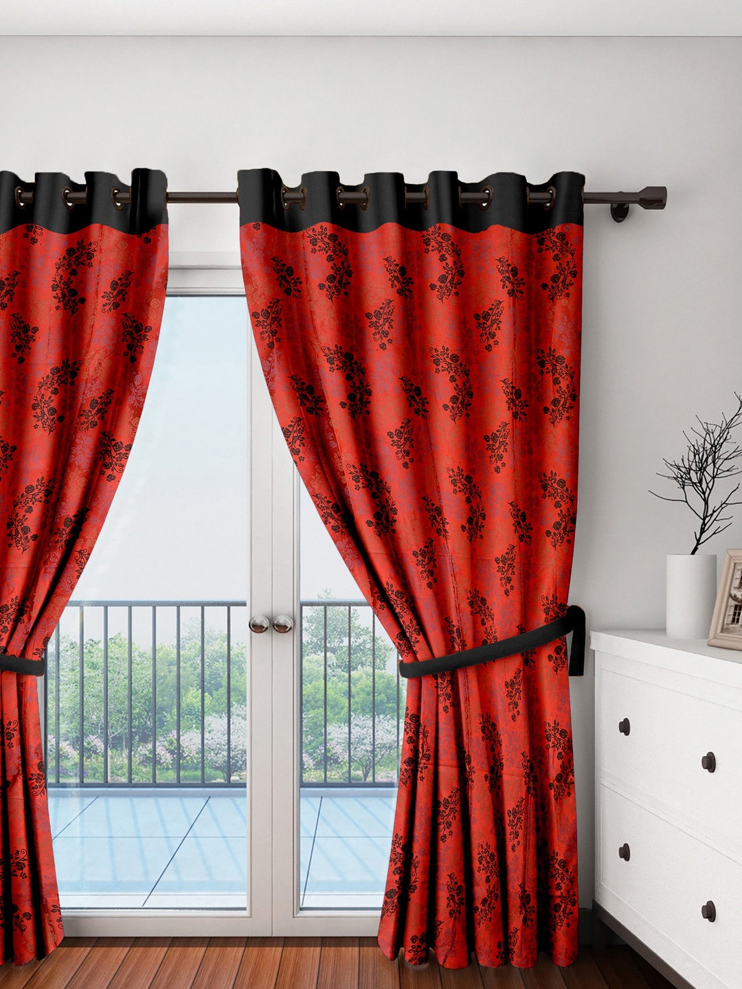 Cortina Red Set of 2 Printed Long Door Curtains