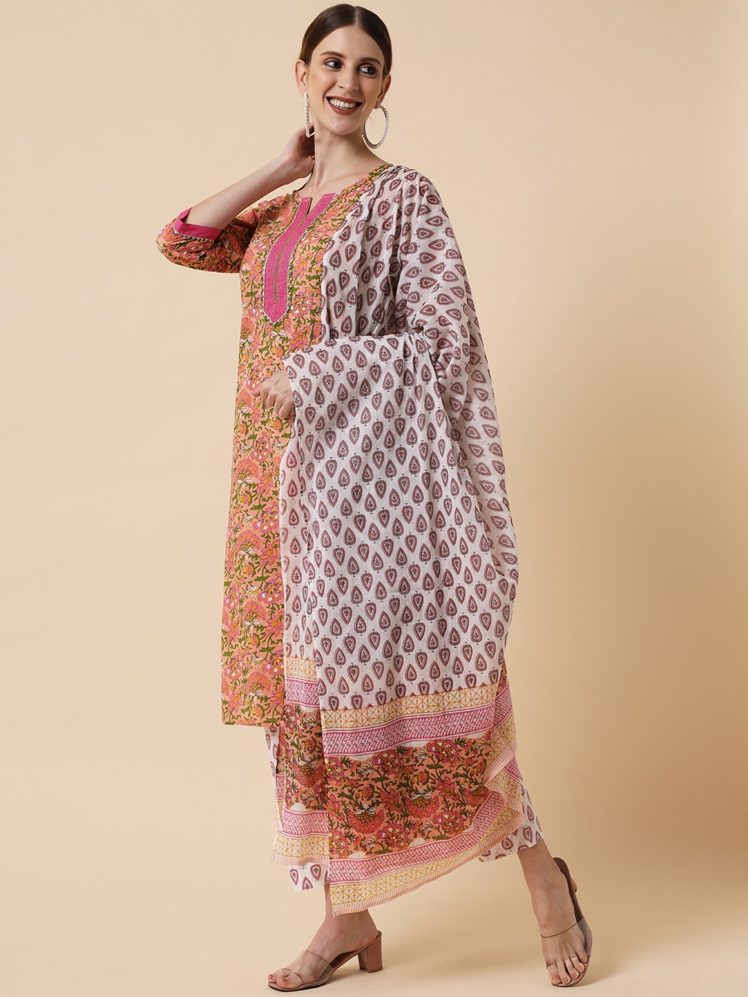 

Meeranshi Women Peach-Coloured Ethnic Motifs Printed Layered Gotta Patti Pure Cotton Kurta with Salwar &