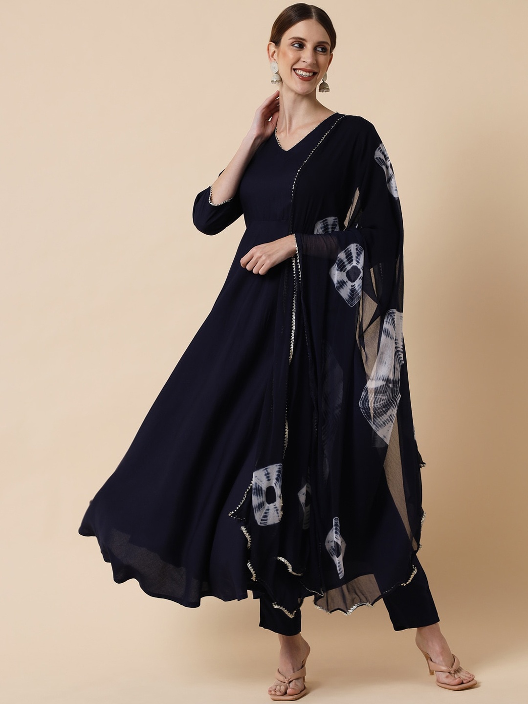 

Meeranshi Women Navy Blue Ethnic Motifs Panelled Kurta with Trousers & With Dupatta