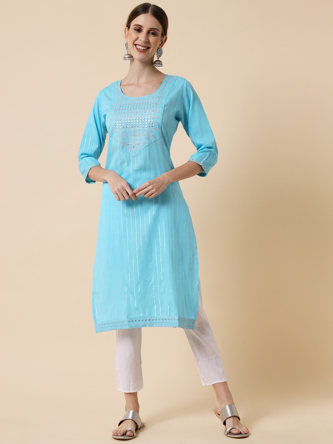 

Meeranshi Women Turquoise Blue Yoke Design High Slit Zardozi Kurti with Trousers
