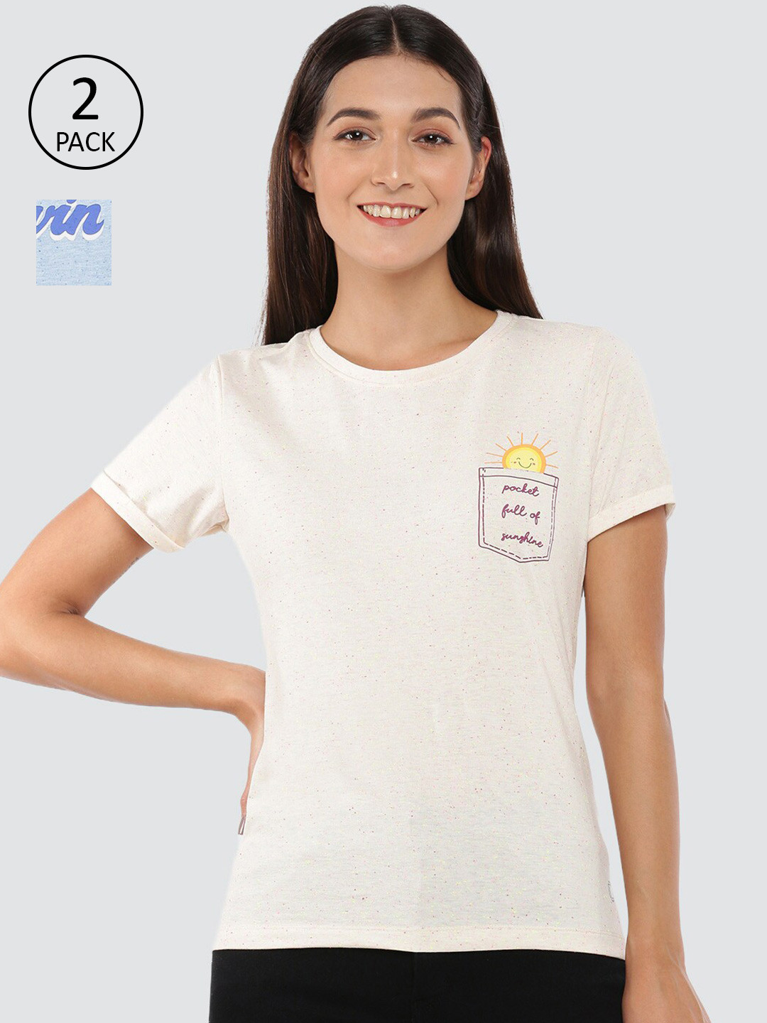 

Dollar Missy Women Pack of 2 Blue & Cream-Coloured Solid Anti Odour Slim Fit T-shirt