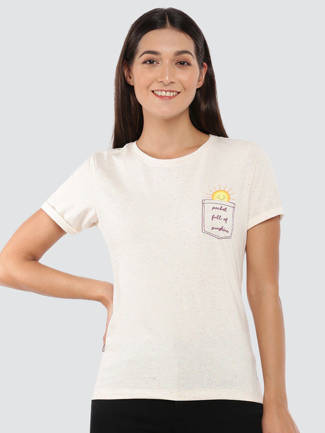 

Dollar Missy Women Cream-Coloured Printed Anti Odour Cotton Slim Fit T-shirt