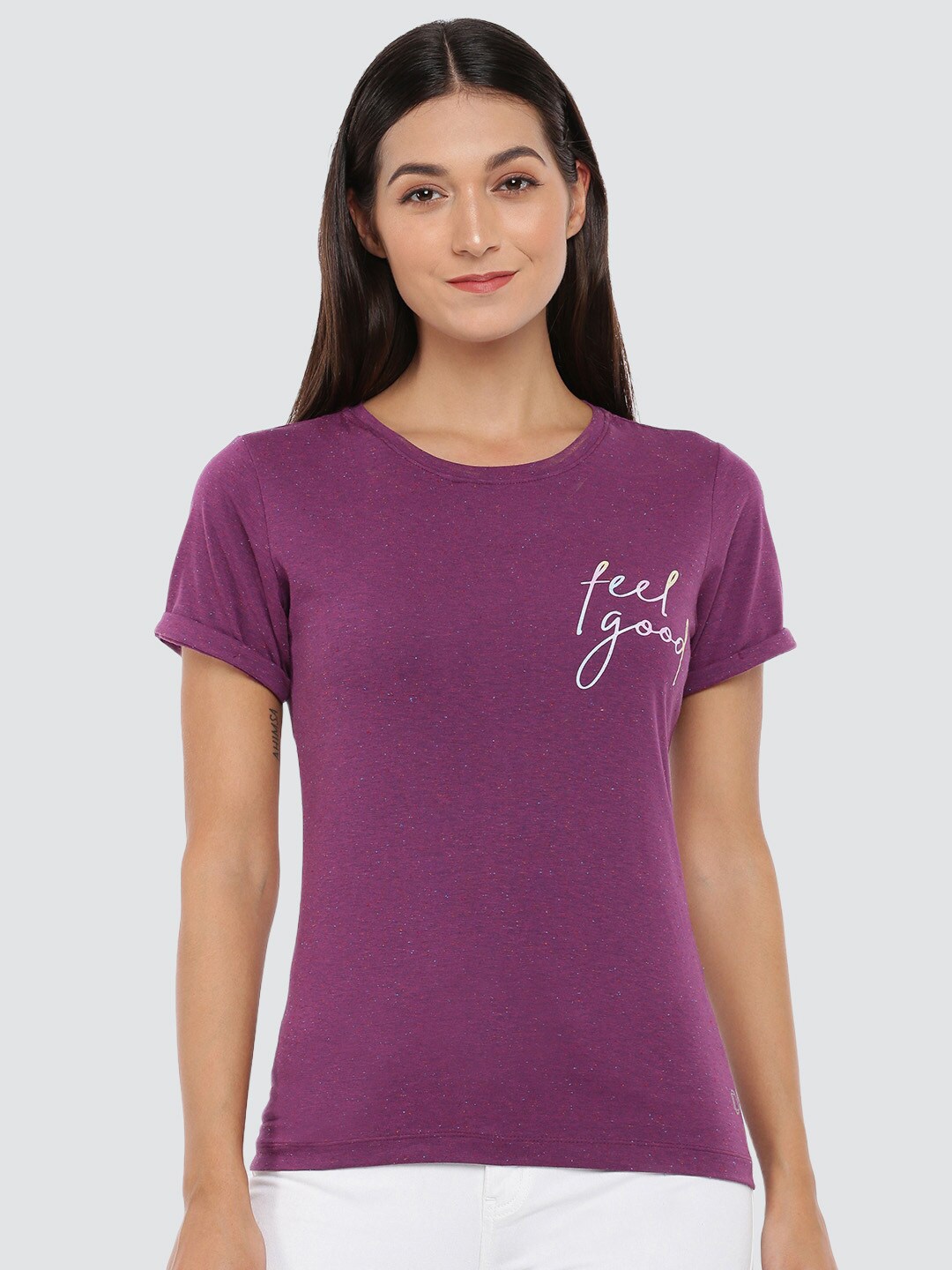

Dollar Missy Women Purple & White Typography Anti Odour Slim Fit Cotton T-shirt