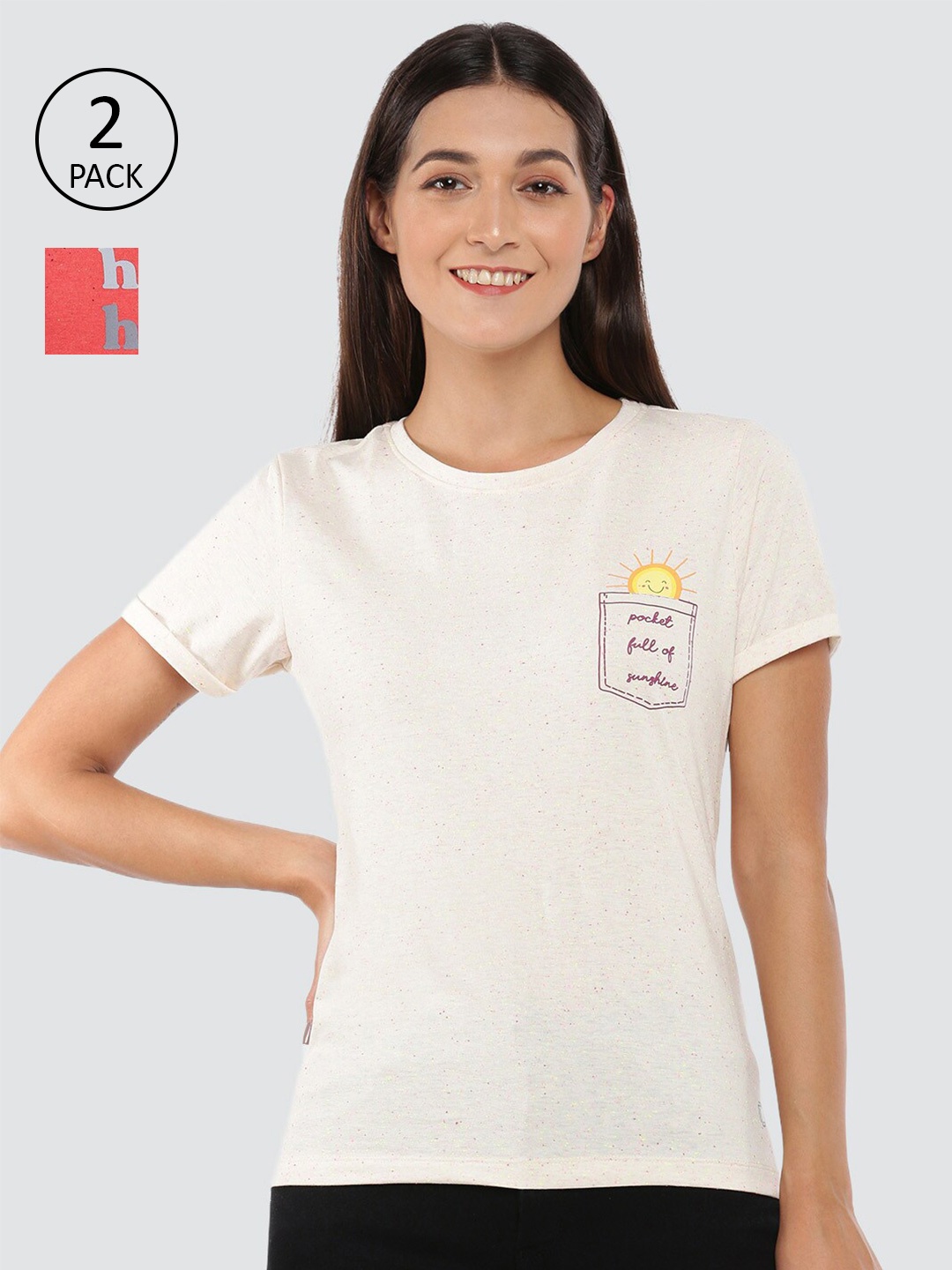 

Dollar Missy Women Pack of 2 Off White & Coral Typography Printed Anti Odour