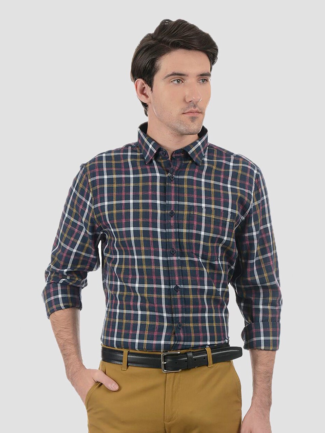 

LONDON FOG Men Navy Blue Tartan Checks Checked Casual Shirt