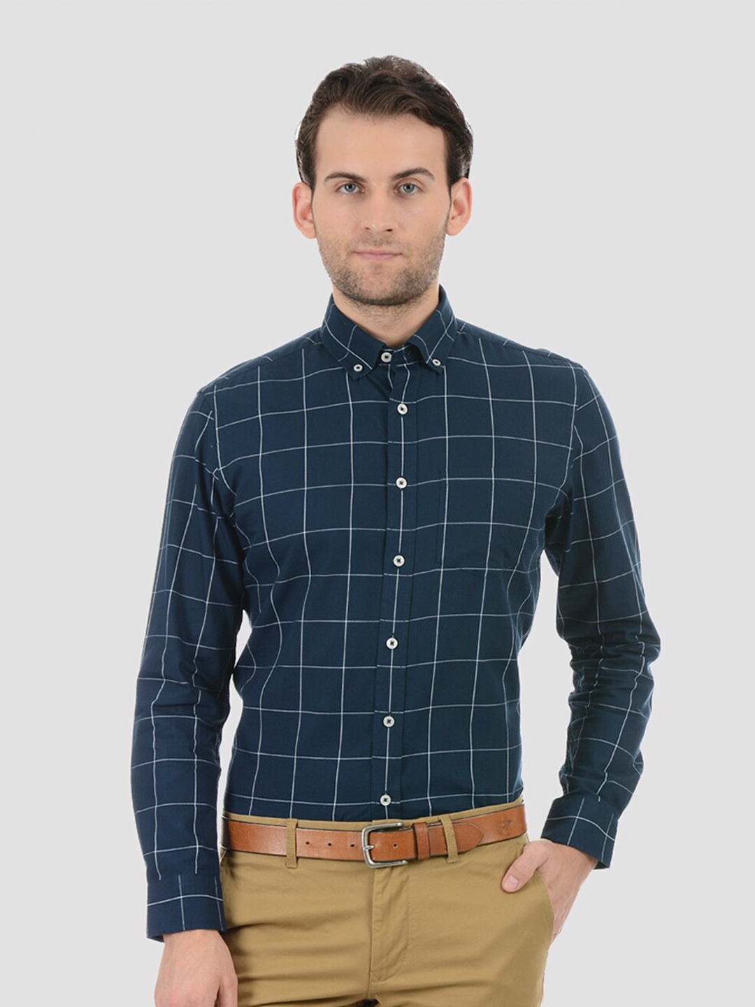 

LONDON FOG Men Navy Blue Windowpane Checks Checked Casual Shirt