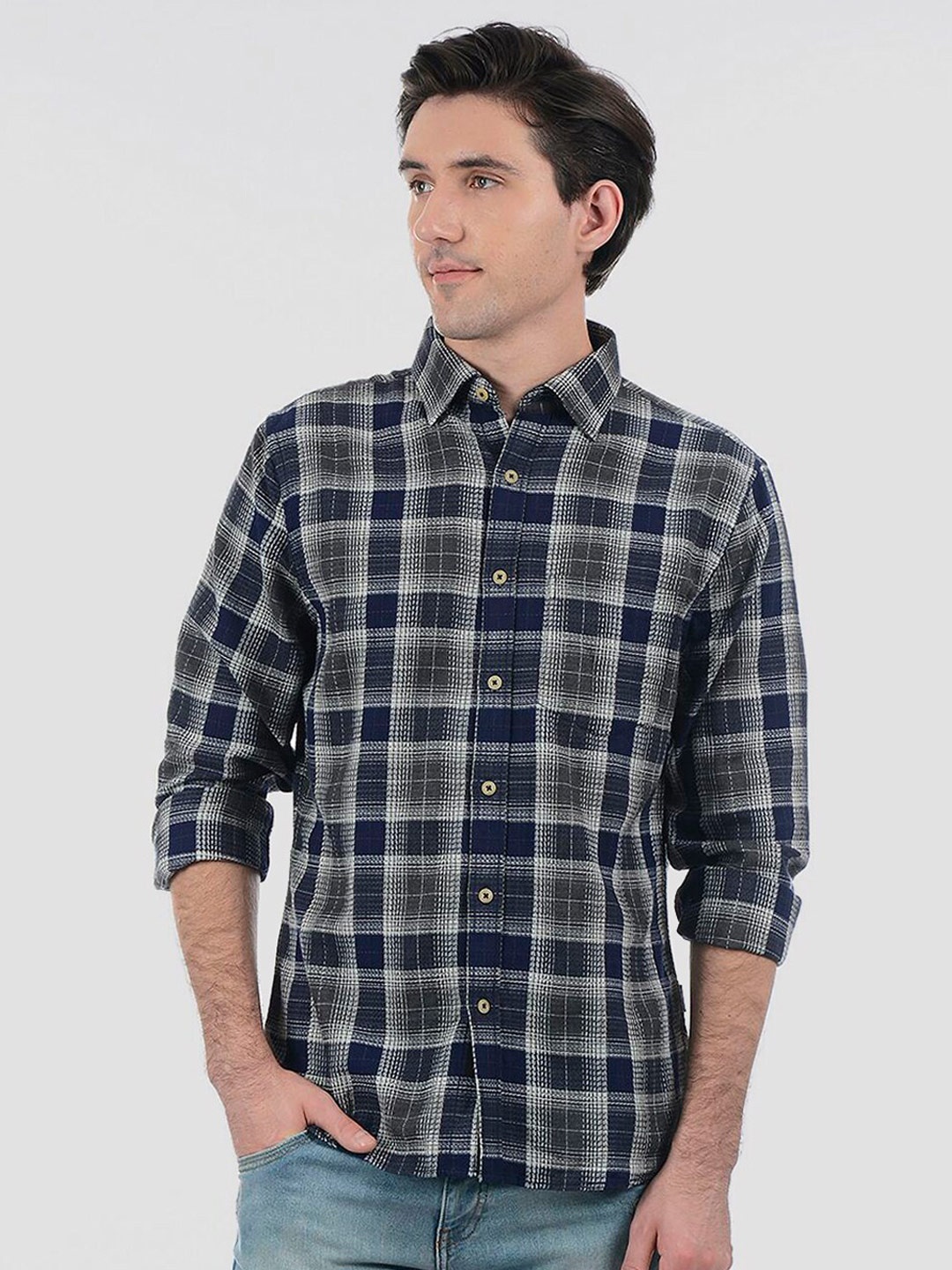 

LONDON FOG Men Grey Tartan Checks Checked Casual Shirt