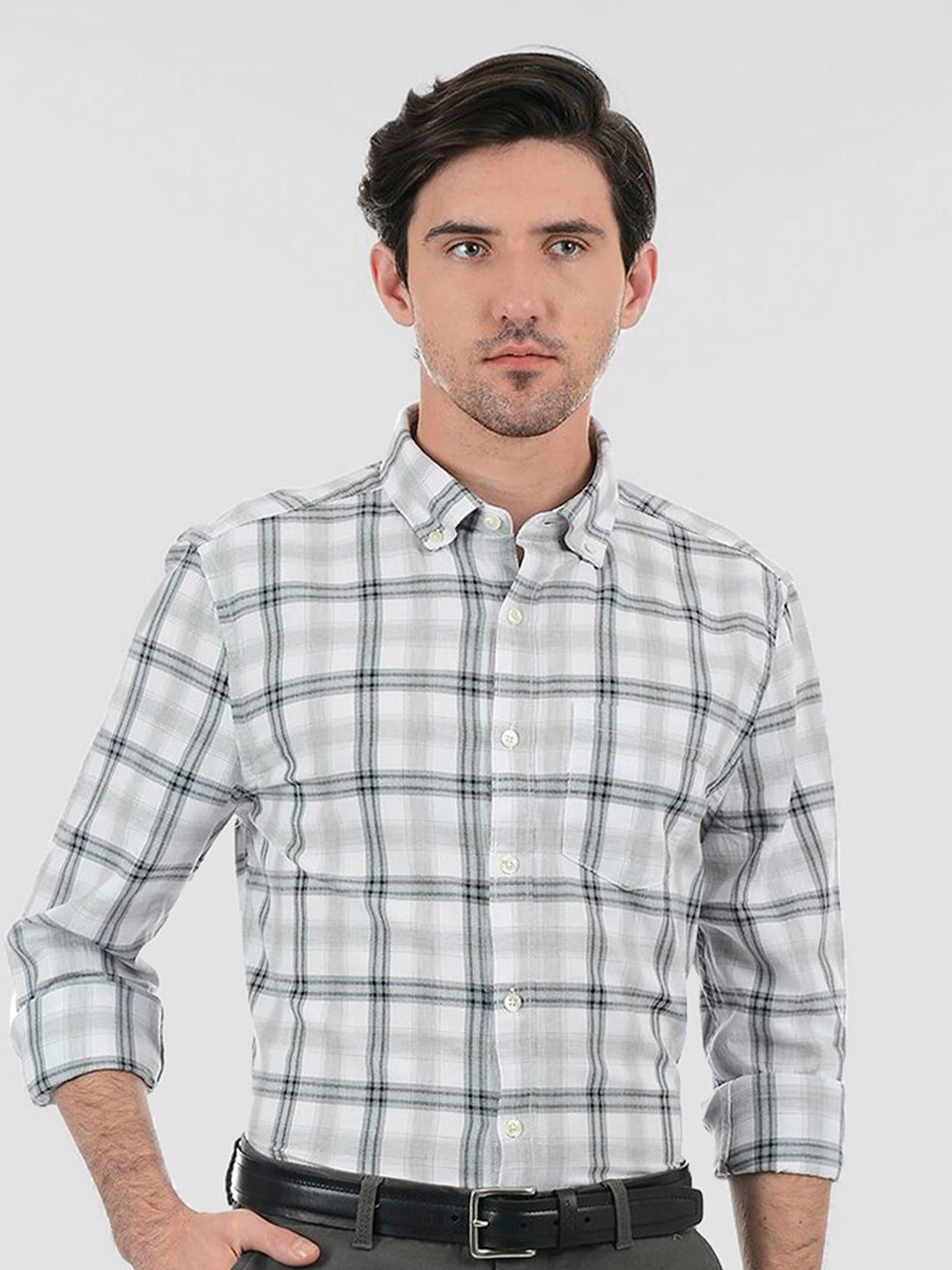 

LONDON FOG Men Grey Tartan Checks Checked Cotton Casual Shirt