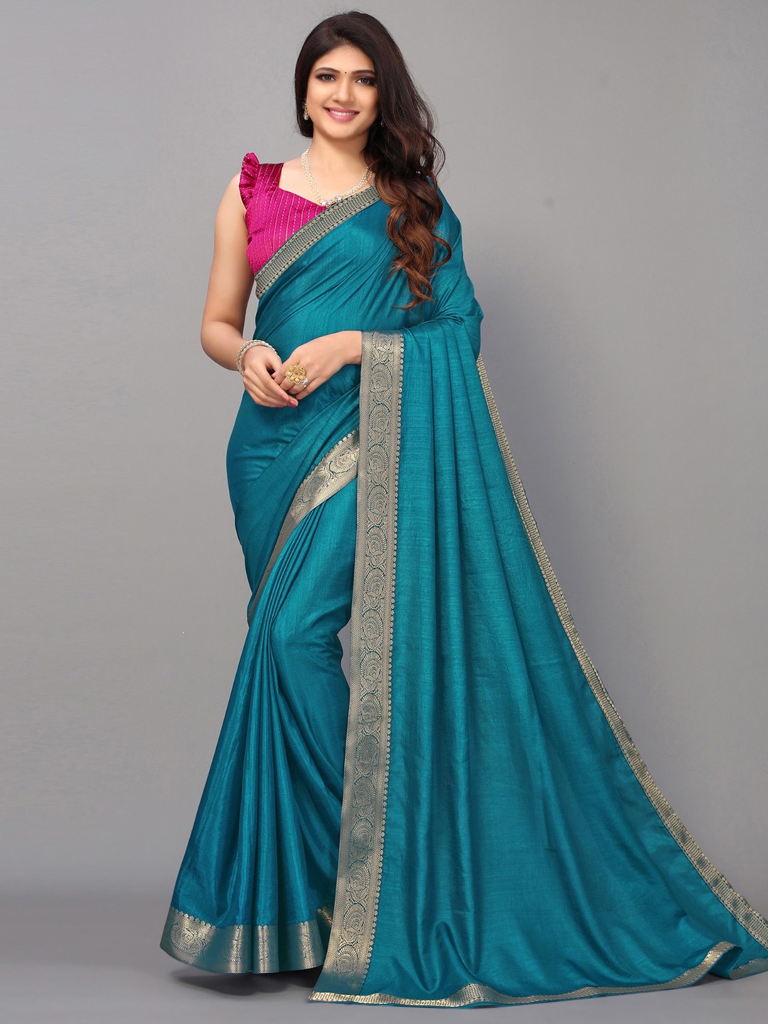 

KALINI Turquoise Blue & Gold-Toned Saree