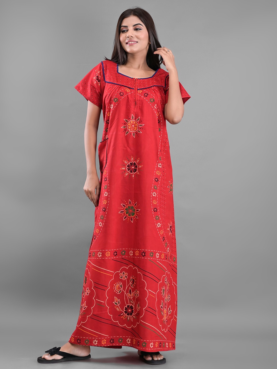 

Apratim Red Printed Pure Cotton Maxi Nightdress