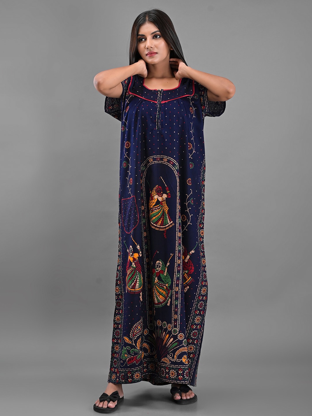 

Apratim Women Blue Printed Maxi Nightdress