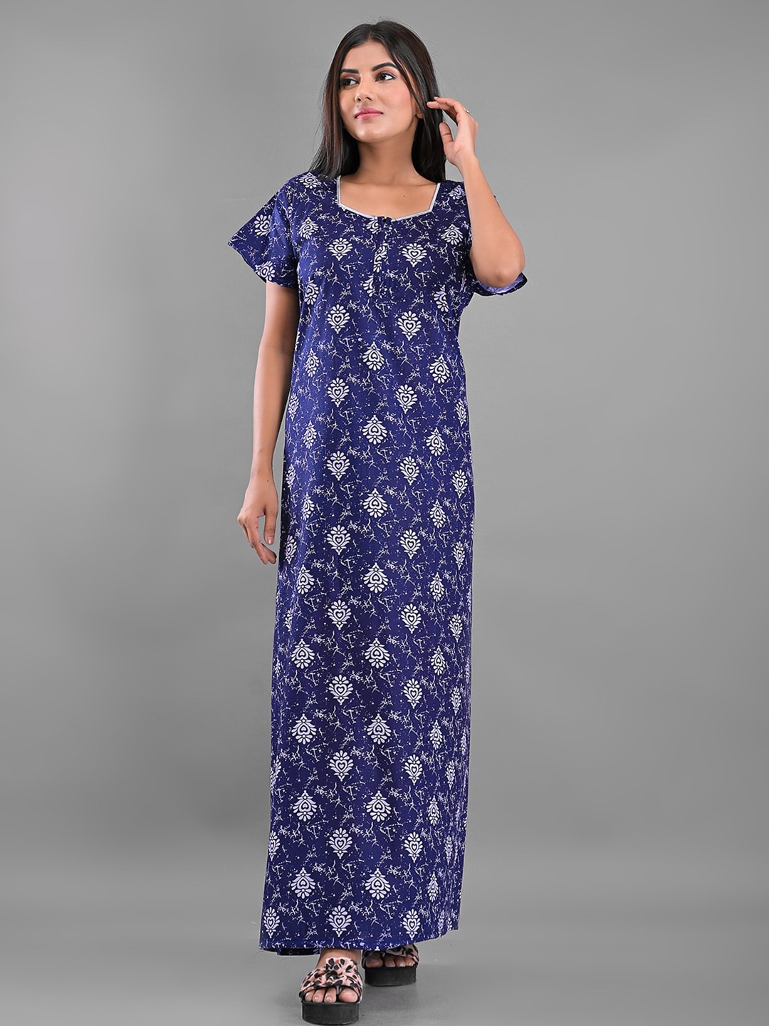 

Apratim Blue Printed Cotton Maxi Nightdress apmchand-03-Blue