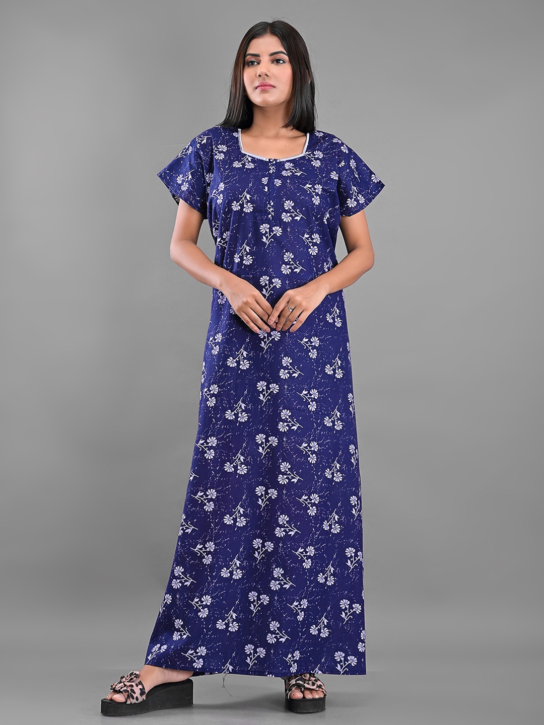 

Apratim Women Blue Printed Maxi Nightdress