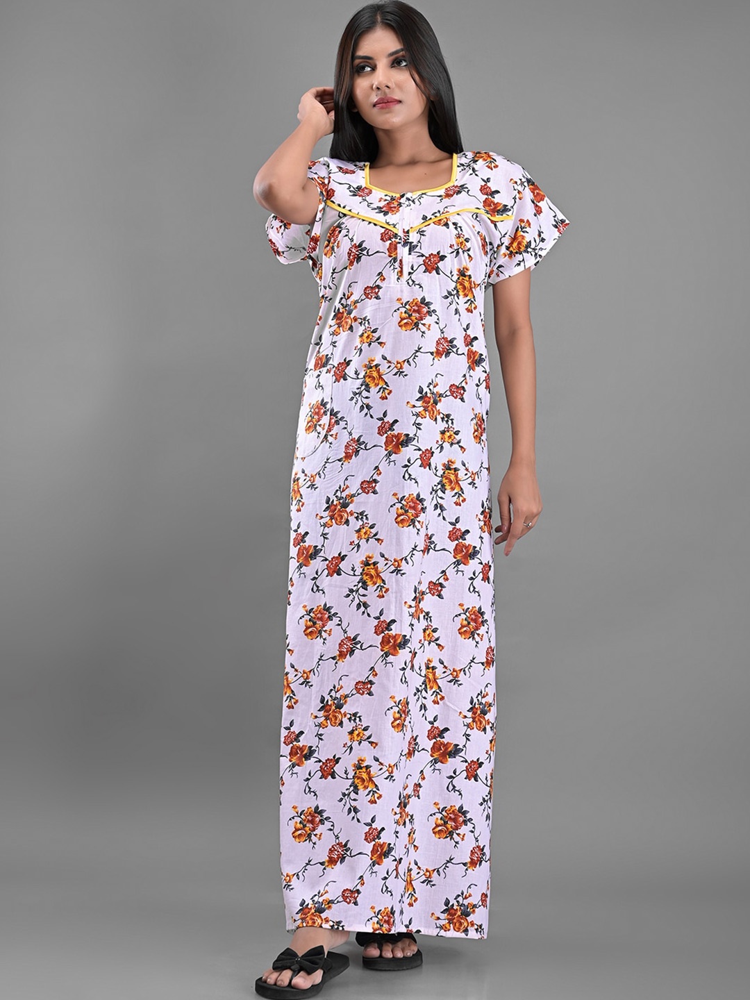 

Apratim Women White Printed Maxi Nightdress