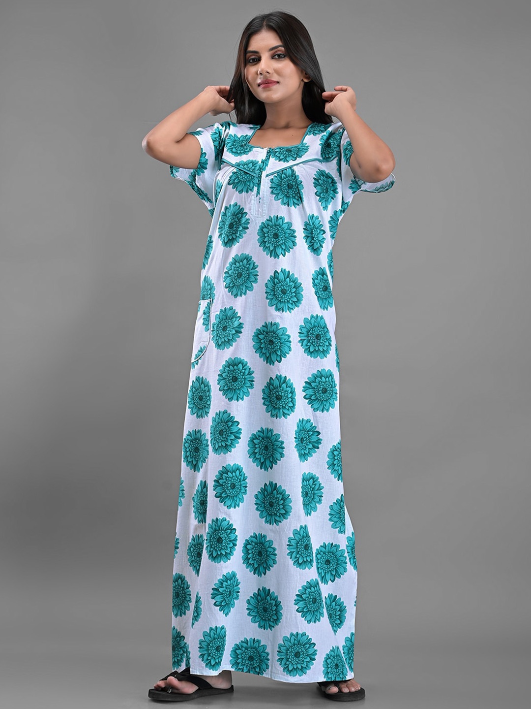 

Apratim Women White Floral Printed Maxi Nightdress-apmfoolgown-02-White