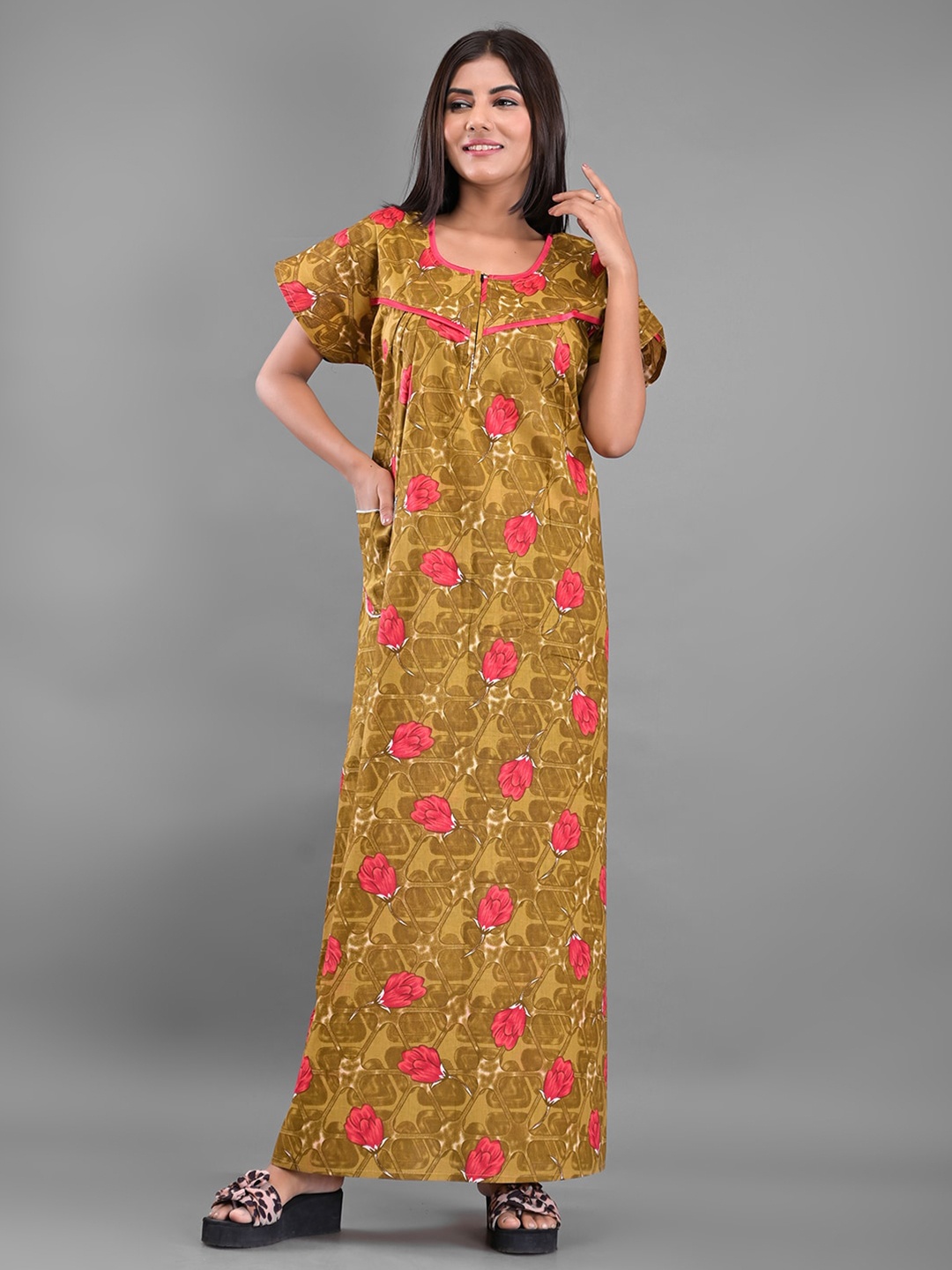 

Apratim Mustard Printed Maxi Nightdress