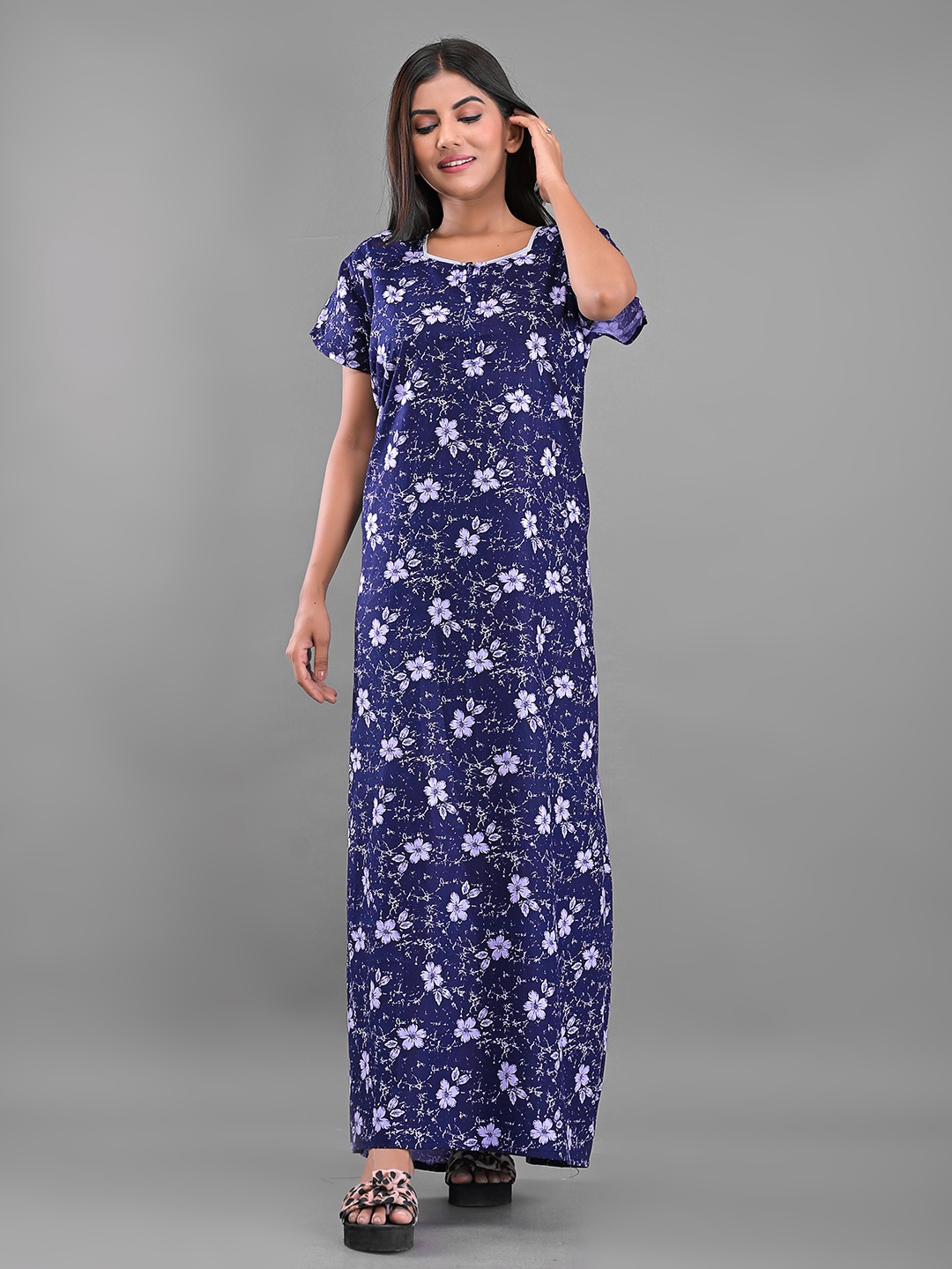 

Apratim Women Blue Printed Maxi Nightdress