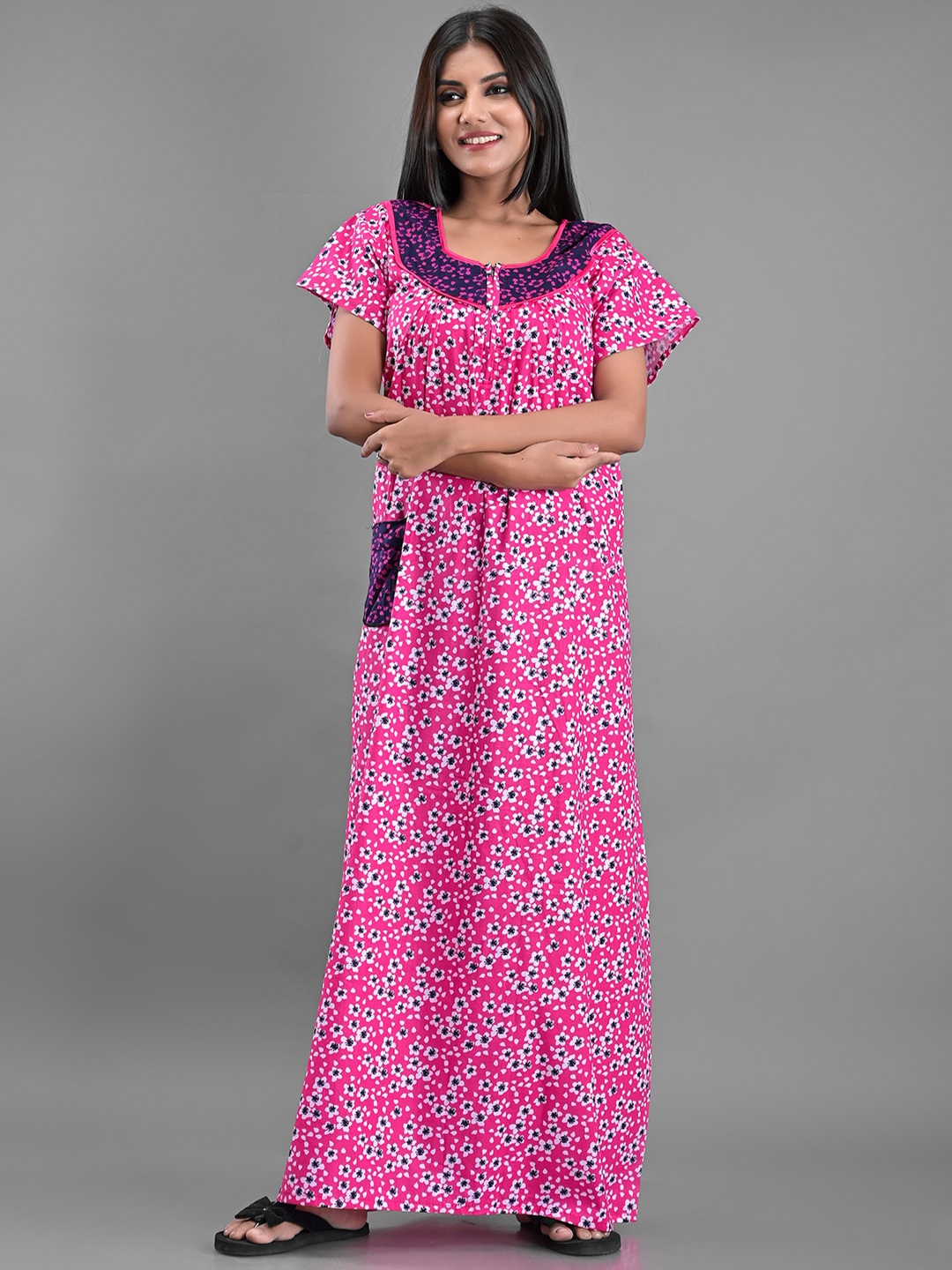 

Apratim Women Pink Printed Maxi Nightdress