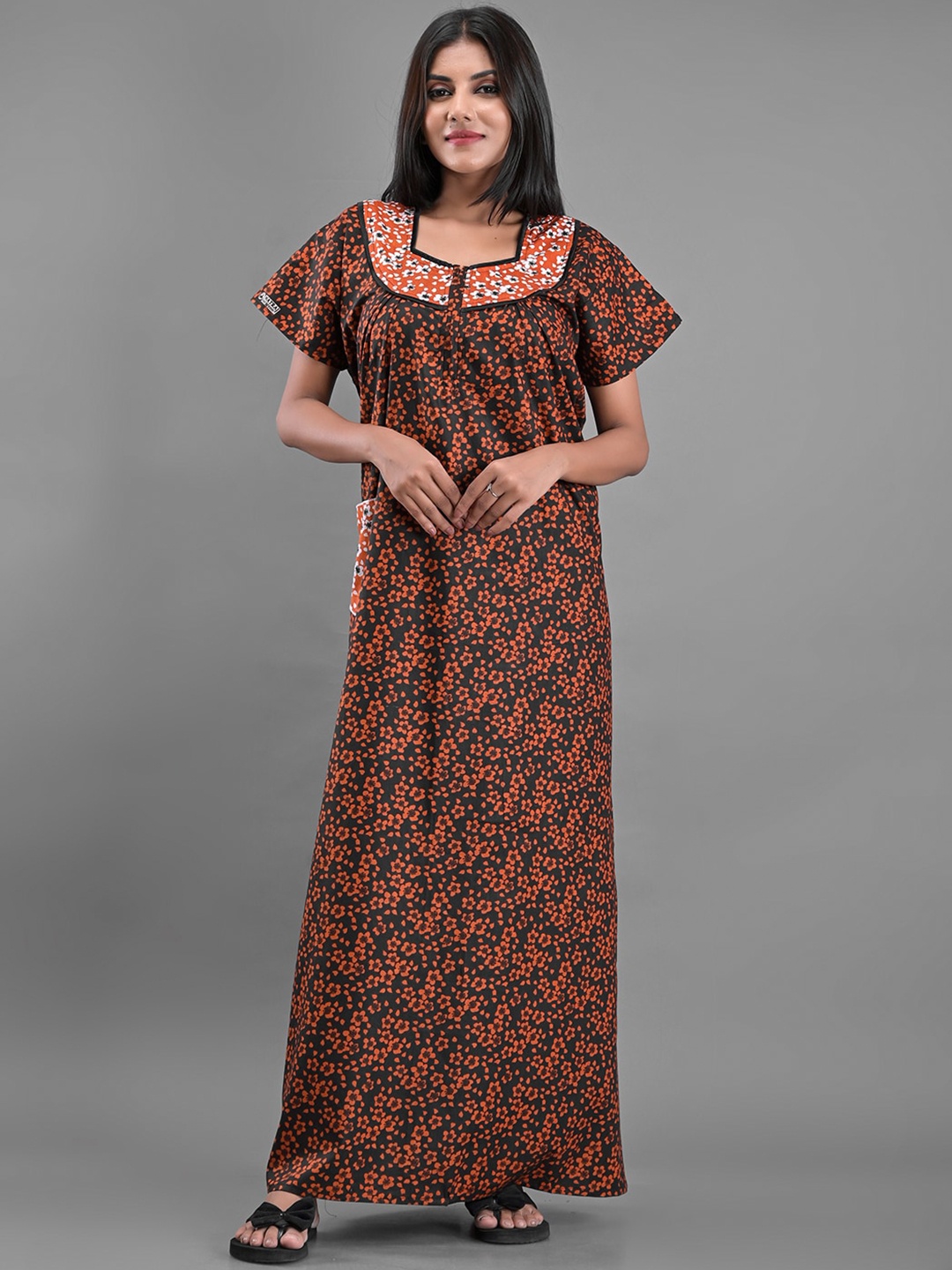 

ApratimWomen Black Printed Maxi Nightdress-apmfoolgown-16-Black