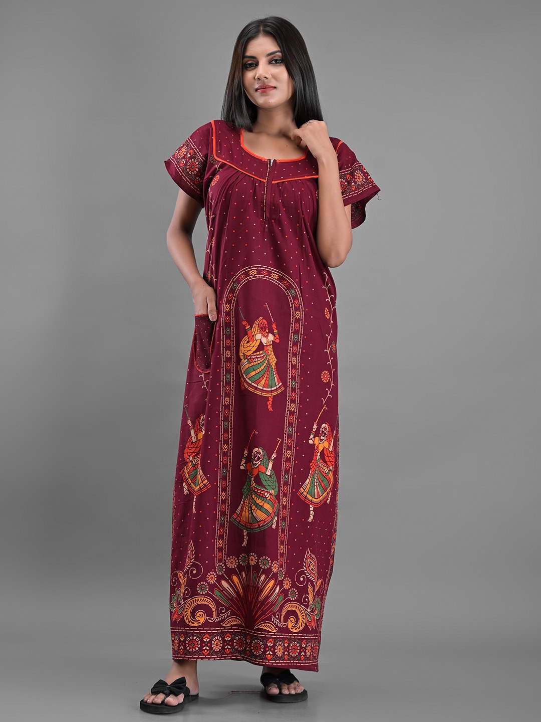 

Apratim Women Maroon Printed Maxi Nightdress