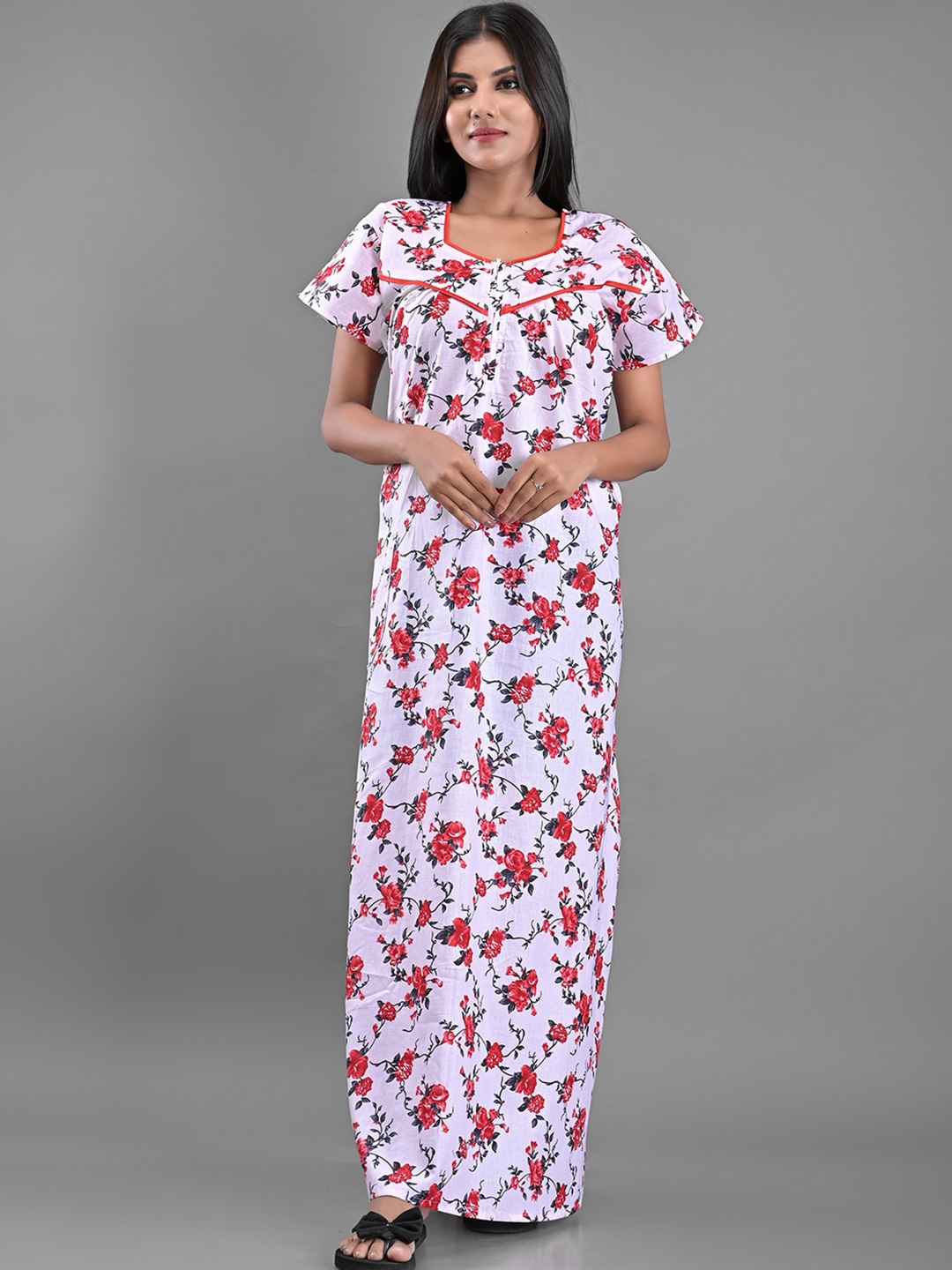 

Apratim Women White Printed Pure Cotton Maxi Nightdress