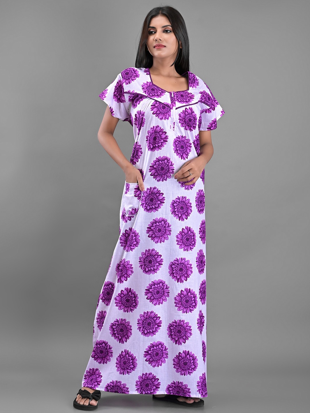 

Apratim White Floral Printed Maxi Nightdress