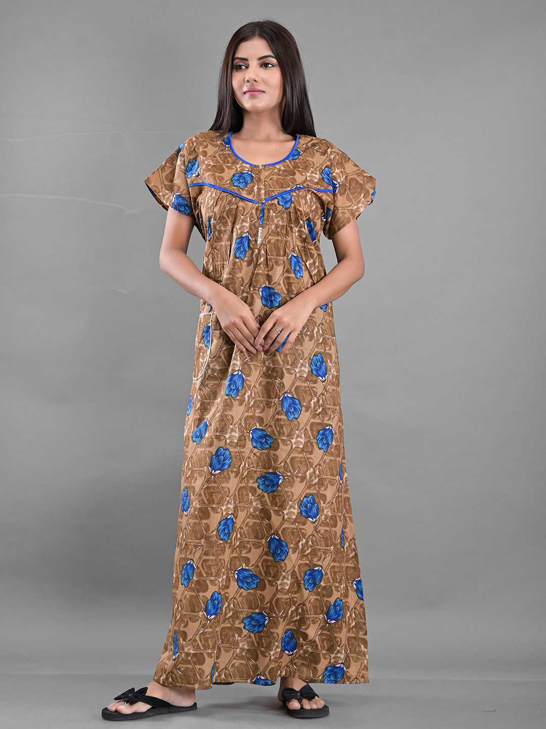

Apratim Women Brown Printed Maxi Nightdress