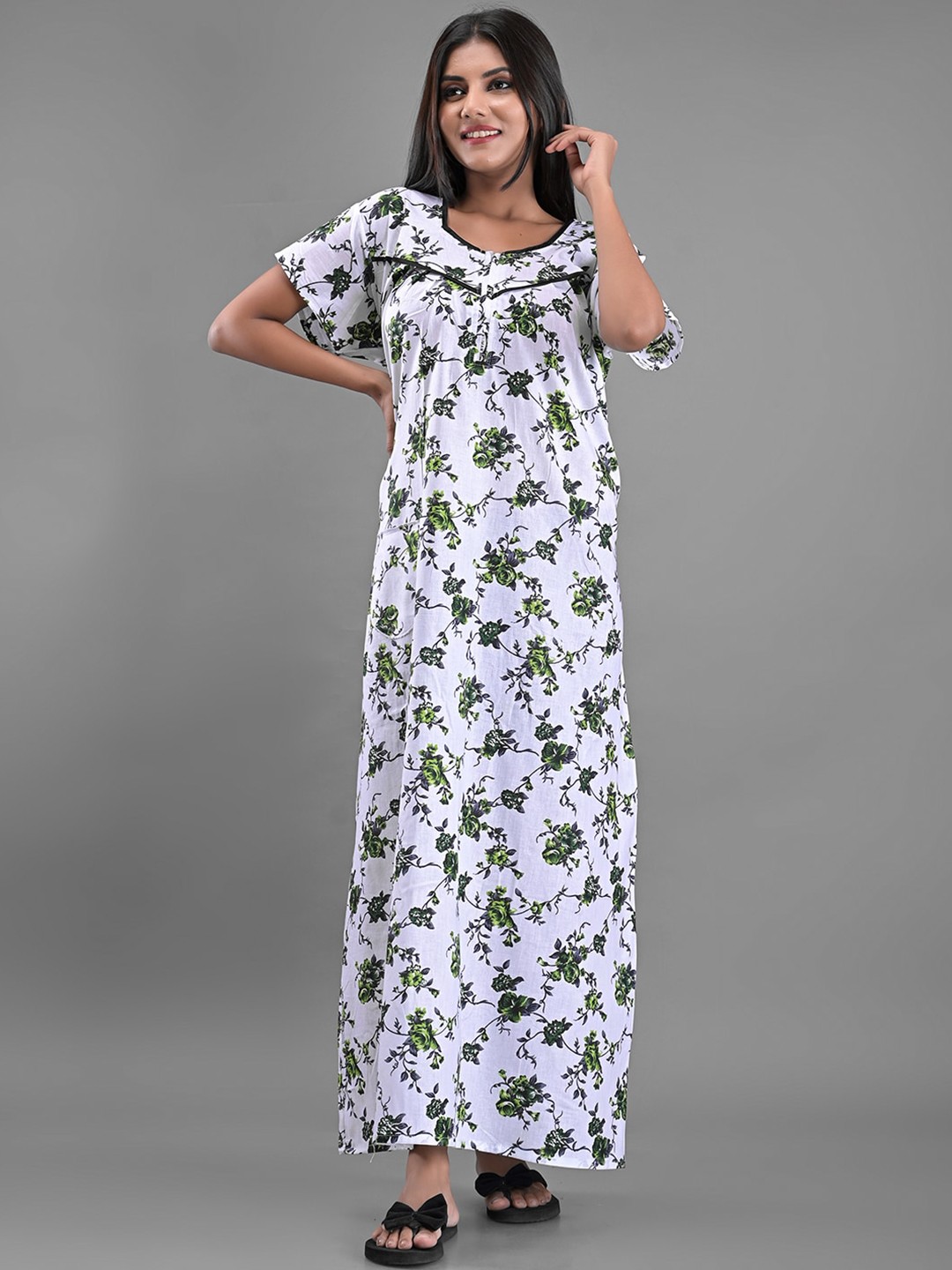 

Apratim White Printed Maxi Nightdress