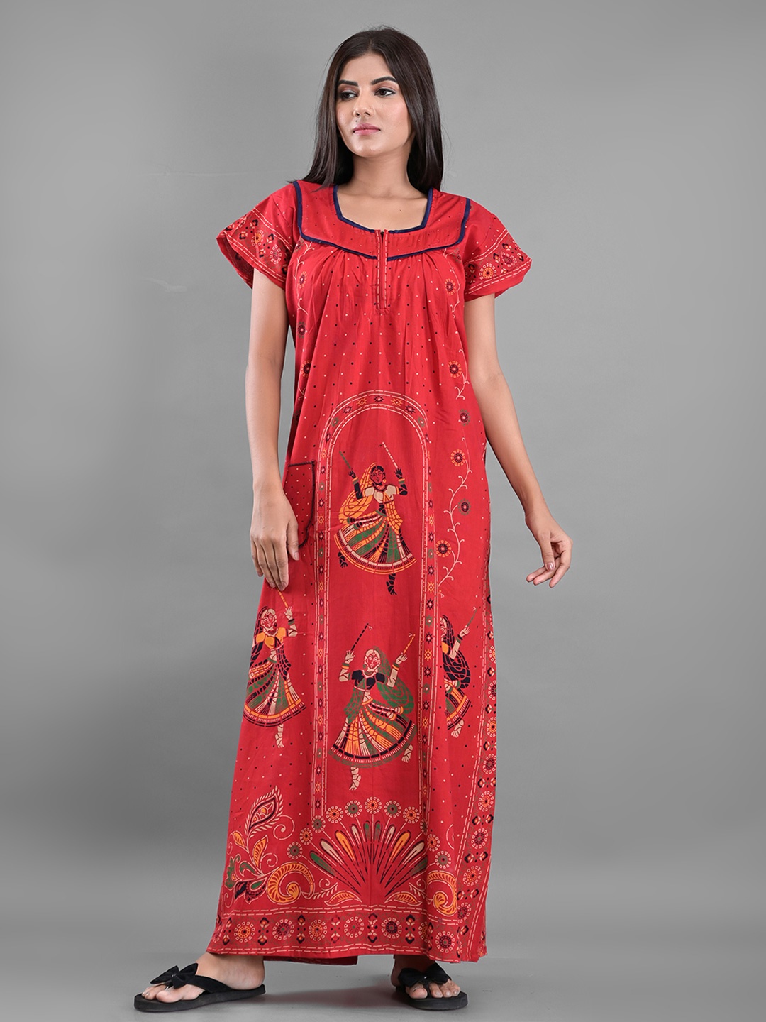

Apratim Red Printed Maxi Nightdress