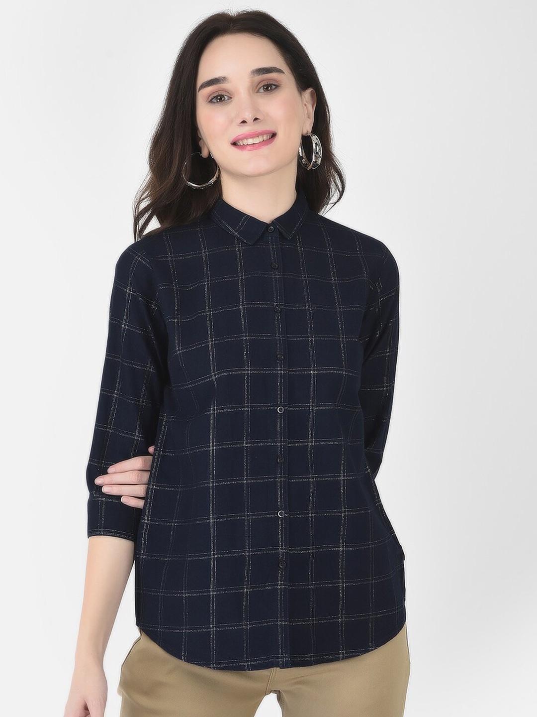 

Crimsoune Club Women Navy Blue Slim Fit Windowpane Checks Checked Casual Shirt